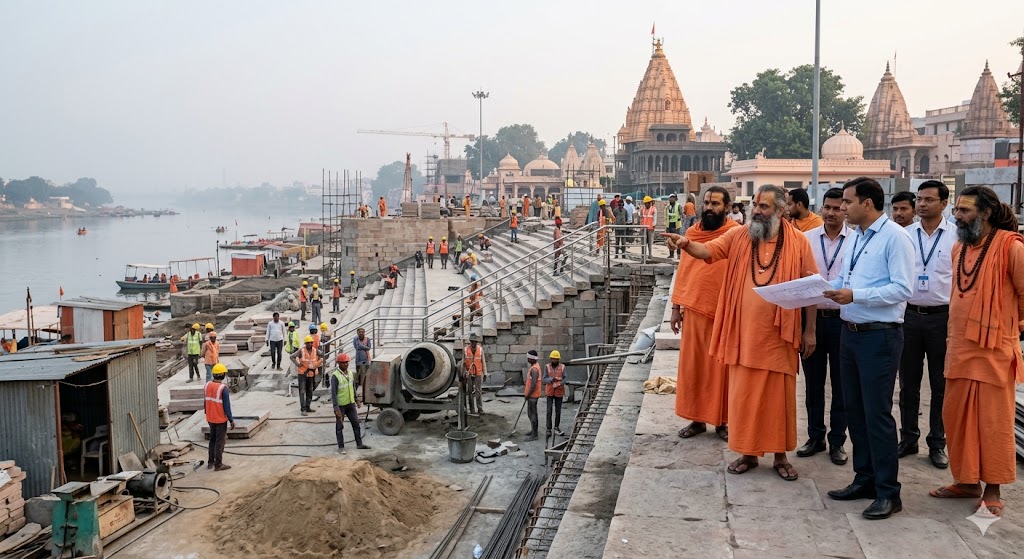 उज्जैन में सिंहस्थ 2028 की तैयारियों के दौरान शिप्रा नदी के घाटों का निरीक्षण करते साधु-संत और अधिकारी 📝 Social Media Caption