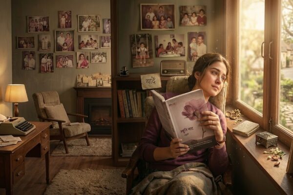 किताब “स्मृति नाद” के साथ बैठा व्यक्ति, यादों और भावनाओं में खोया हुआ
