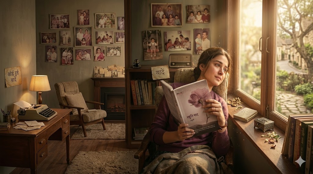 किताब “स्मृति नाद” के साथ बैठा व्यक्ति, यादों और भावनाओं में खोया हुआ