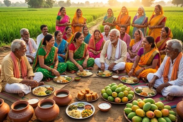 सतुआनी पर्व 2026 का दृश्य जिसमें लोग सत्तू, चोखा, चटनी और पारंपरिक भोजन के साथ नई फसल की खुशियाँ मना रहे हैं
