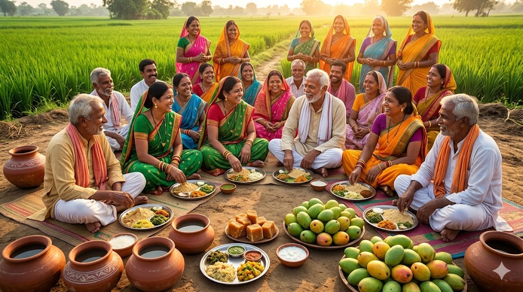 सतुआनी पर्व 2026 का दृश्य जिसमें लोग सत्तू, चोखा, चटनी और पारंपरिक भोजन के साथ नई फसल की खुशियाँ मना रहे हैं