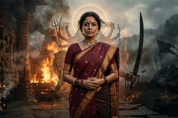 नारी शक्ति का प्रतीक भारतीय महिला, जिसमें दुर्गा, मीरा और रानी लक्ष्मीबाई के रूपों की झलक दिखाई दे रही है