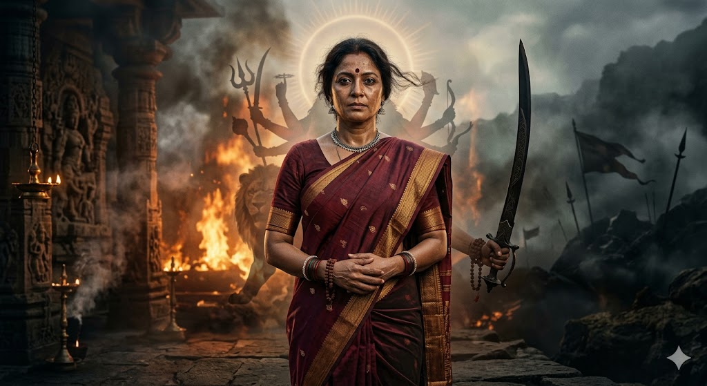 नारी शक्ति का प्रतीक भारतीय महिला, जिसमें दुर्गा, मीरा और रानी लक्ष्मीबाई के रूपों की झलक दिखाई दे रही है