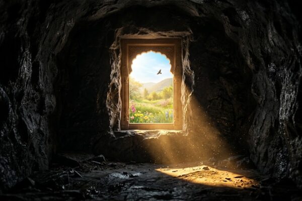 अंधेरी गुफा में झरोखे से आती धूप और बाहर खिलते फूल, आशा और विश्वास का प्रतीक