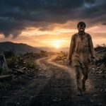 संघर्ष से सफलता की ओर बढ़ता व्यक्ति, अंधेरे से उजाले की तरफ जाते हुए, उगते सूरज का दृश्य