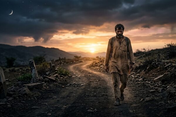 संघर्ष से सफलता की ओर बढ़ता व्यक्ति, अंधेरे से उजाले की तरफ जाते हुए, उगते सूरज का दृश्य