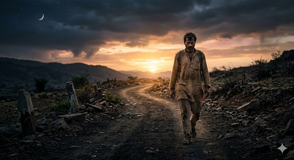 संघर्ष से सफलता की ओर बढ़ता व्यक्ति, अंधेरे से उजाले की तरफ जाते हुए, उगते सूरज का दृश्य