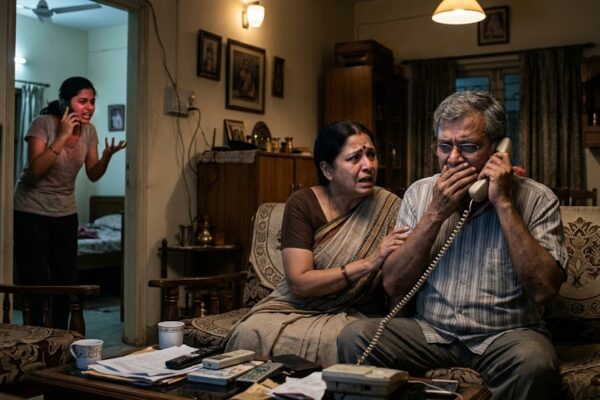 फोन पर माता-पिता से तलाक पर बहस करती महिला, भावनात्मक पारिवारिक संघर्ष का दृश्य।