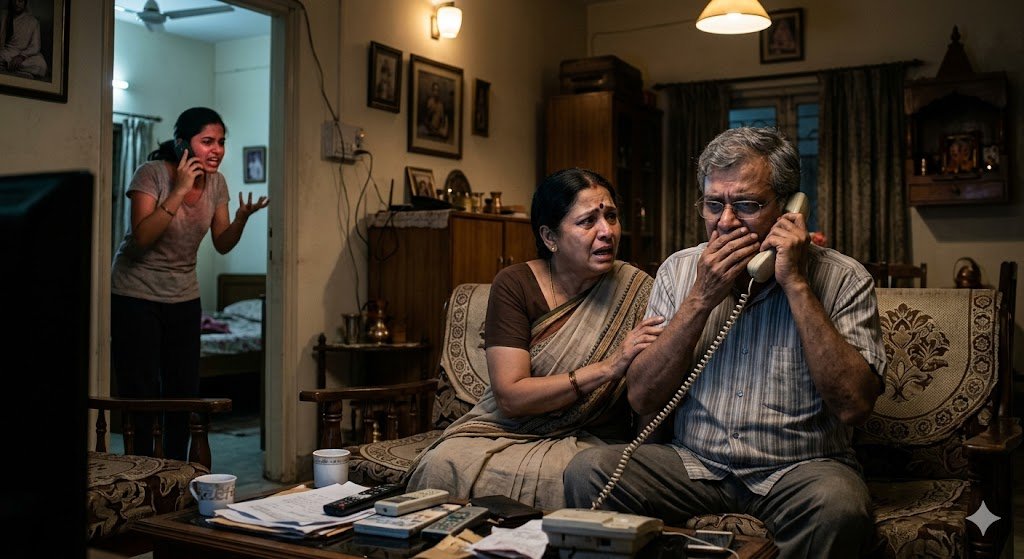 फोन पर माता-पिता से तलाक पर बहस करती महिला, भावनात्मक पारिवारिक संघर्ष का दृश्य।