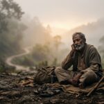 थका हुआ व्यक्ति शांत वातावरण में बैठा, सामने हल्की रोशनी के साथ सुकून और ठहराव का प्रतीकात्मक दृश्य