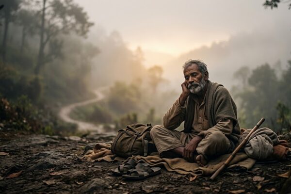 थका हुआ व्यक्ति शांत वातावरण में बैठा, सामने हल्की रोशनी के साथ सुकून और ठहराव का प्रतीकात्मक दृश्य