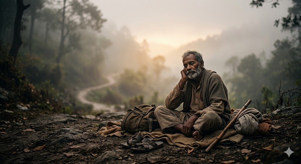 थका हुआ व्यक्ति शांत वातावरण में बैठा, सामने हल्की रोशनी के साथ सुकून और ठहराव का प्रतीकात्मक दृश्य