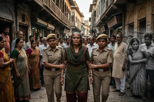 हथकड़ी पहनी एक बुजुर्ग महिला पुलिस के साथ भीड़ के बीच खड़ी है, चेहरे पर कठोर भाव और पीछे पुरानी गली में जुटे लोग, जो एक दर्दनाक अतीत और प्रतिशोध की कहानी को दर्शाता है।