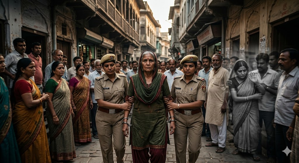 हथकड़ी पहनी एक बुजुर्ग महिला पुलिस के साथ भीड़ के बीच खड़ी है, चेहरे पर कठोर भाव और पीछे पुरानी गली में जुटे लोग, जो एक दर्दनाक अतीत और प्रतिशोध की कहानी को दर्शाता है।