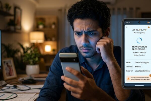 Smartphone showing UPI transaction on hold screen representing RBI cooling period rule for digital payments in India