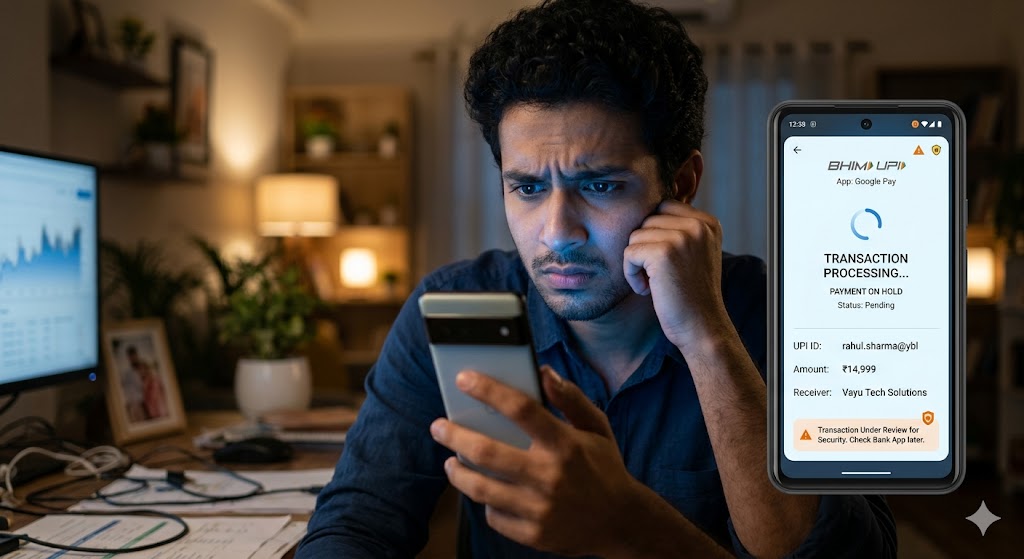 Smartphone showing UPI transaction on hold screen representing RBI cooling period rule for digital payments in India