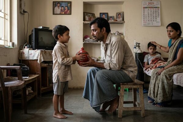 छोटा बच्चा अपनी गुल्लक देकर जरूरतमंद की मदद करता हुआ, प्रेरणादायक हिंदी कहानी