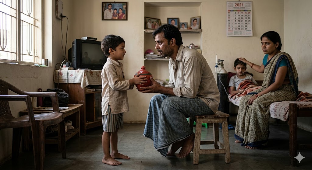छोटा बच्चा अपनी गुल्लक देकर जरूरतमंद की मदद करता हुआ, प्रेरणादायक हिंदी कहानी