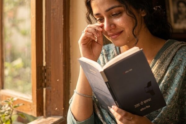 महिला खिड़की के पास बैठकर कविता संग्रह पढ़ते हुए, चेहरे पर हल्की मुस्कान और आंखों में भावनात्मक गहराई, आसपास गर्म धूप और यादों से भरा शांत वातावरण
