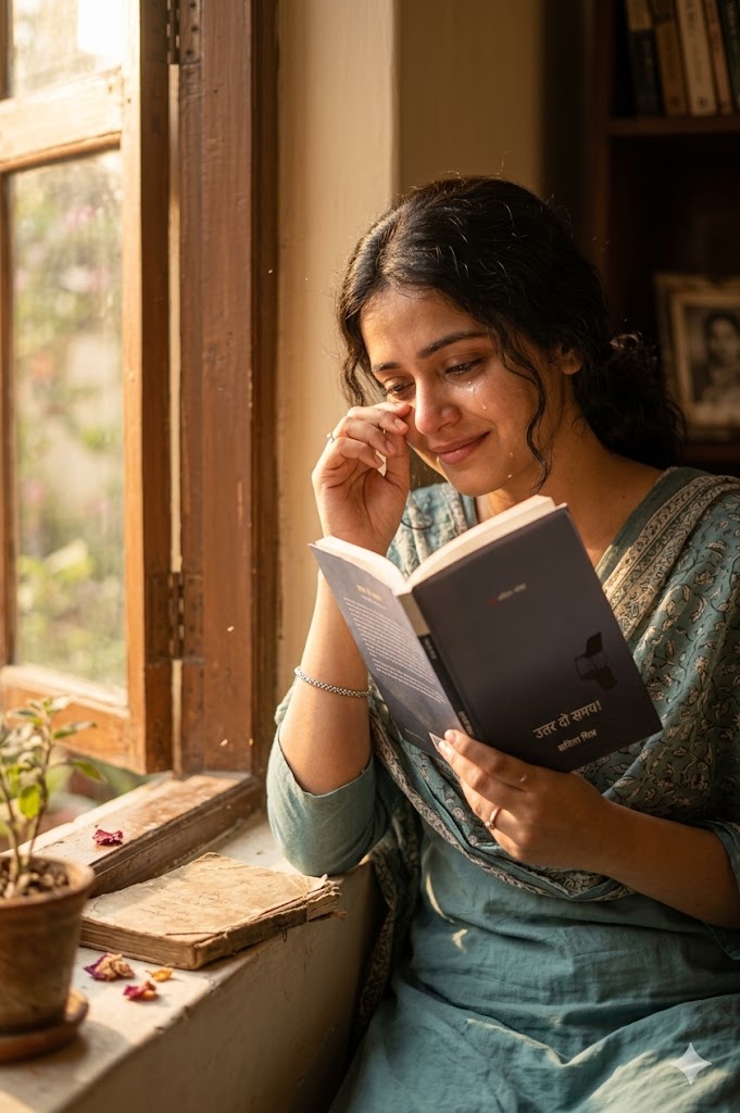 महिला खिड़की के पास बैठकर कविता संग्रह पढ़ते हुए, चेहरे पर हल्की मुस्कान और आंखों में भावनात्मक गहराई, आसपास गर्म धूप और यादों से भरा शांत वातावरण