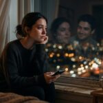 खिड़की के पास बैठी एक युवती, शहर की रोशनी को देखते हुए गहरी सोच में डूबी है, हाथ में फोन है लेकिन वह किसी को संदेश नहीं भेज रही, चेहरे पर हल्की उदासी और अनकही मोहब्बत का एहसास झलक रहा है।