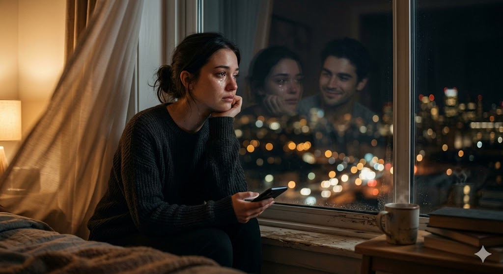 खिड़की के पास बैठी एक युवती, शहर की रोशनी को देखते हुए गहरी सोच में डूबी है, हाथ में फोन है लेकिन वह किसी को संदेश नहीं भेज रही, चेहरे पर हल्की उदासी और अनकही मोहब्बत का एहसास झलक रहा है।