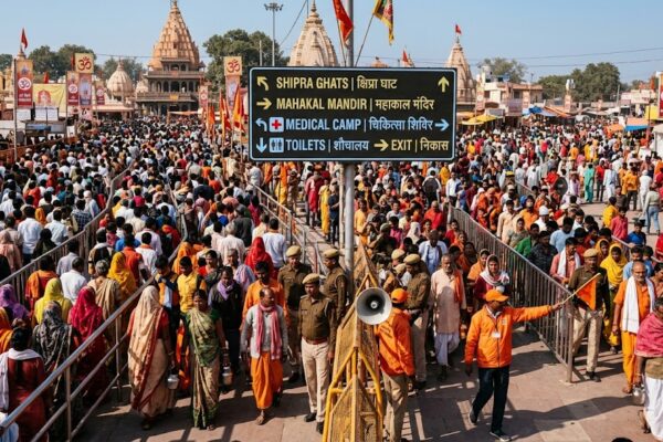 उज्जैन सिंहस्थ मेले का दृश्य, हजारों श्रद्धालु, सड़कों और मेला क्षेत्र में लगे आधुनिक दिशा-सूचक स्मार्ट साइनेज बोर्ड,