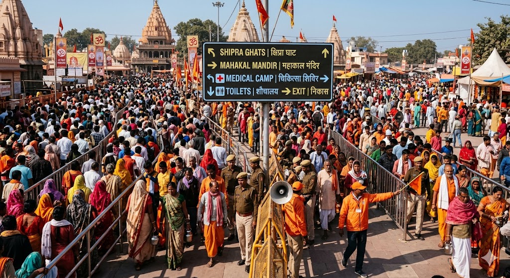 उज्जैन सिंहस्थ मेले का दृश्य, हजारों श्रद्धालु, सड़कों और मेला क्षेत्र में लगे आधुनिक दिशा-सूचक स्मार्ट साइनेज बोर्ड,