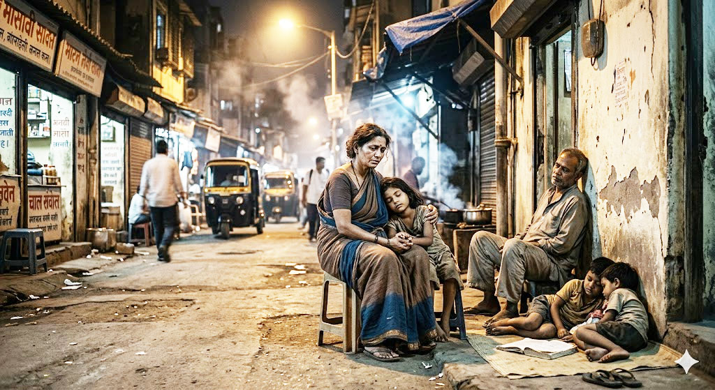 सामाजिक संघर्ष, गरीबी और मानवीय विवशता को दर्शाता एक यथार्थवादी भावनात्मक दृश्य।