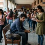 कॉलेज की भीड़ में अकेला और मानसिक तनाव से जूझता एक युवा छात्र।