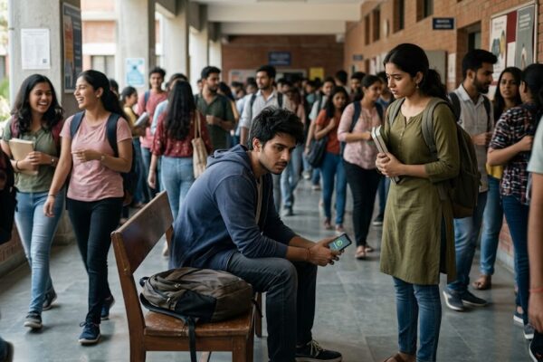 कॉलेज की भीड़ में अकेला और मानसिक तनाव से जूझता एक युवा छात्र।