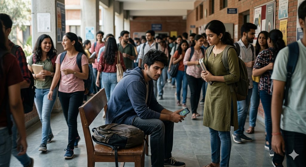 कॉलेज की भीड़ में अकेला और मानसिक तनाव से जूझता एक युवा छात्र।