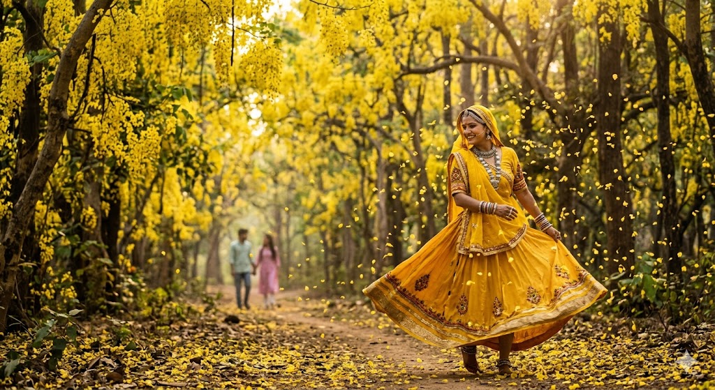 अमलतास के सुनहरे फूलों से भरे जंगल में पीले घाघरे पहने रंगरेजन का जादुई और प्रकृतिमय दृश्य।