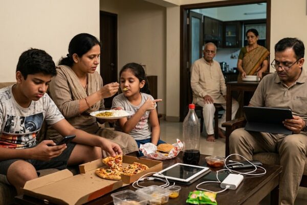 मोबाइल और फास्ट फूड में व्यस्त आधुनिक बच्चे, चिंतित माता-पिता और बदलती परवरिश को दर्शाता दृश्य।