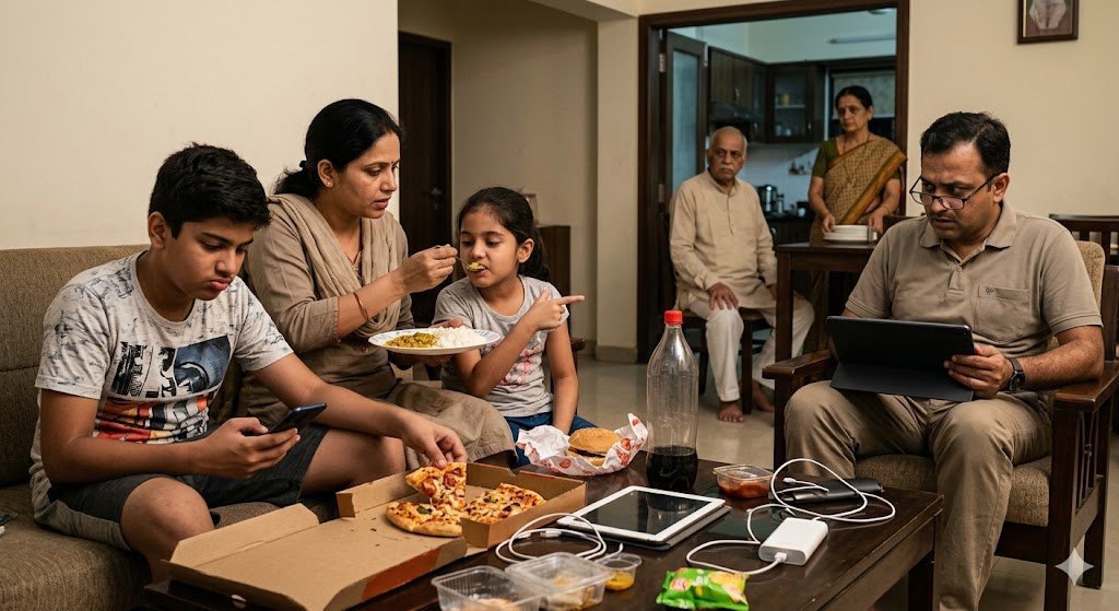 मोबाइल और फास्ट फूड में व्यस्त आधुनिक बच्चे, चिंतित माता-पिता और बदलती परवरिश को दर्शाता दृश्य।