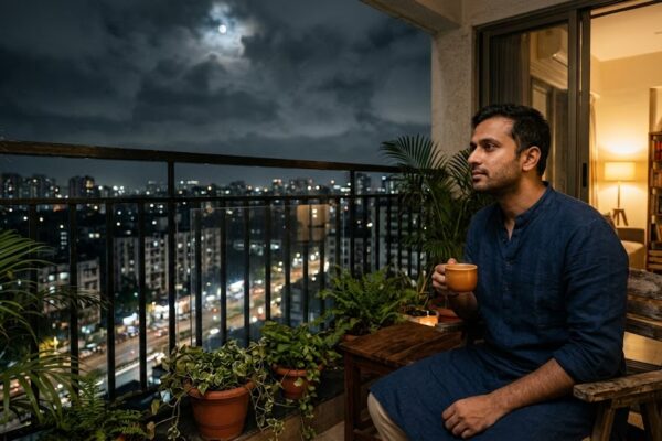 रात में बालकनी में बैठा एक व्यक्ति हाथ में चाय लिए किसी प्रिय स्त्री को याद करते हुए भावुक भाव में शहर की रोशनियों को देख रहा है।