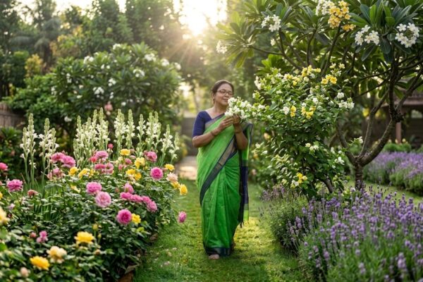 रंग-बिरंगे फूलों से भरा सुंदर बगीचा, जिसकी खुशबू और प्राकृतिक सुंदरता मानसिक शांति का अनुभव करा रही है।