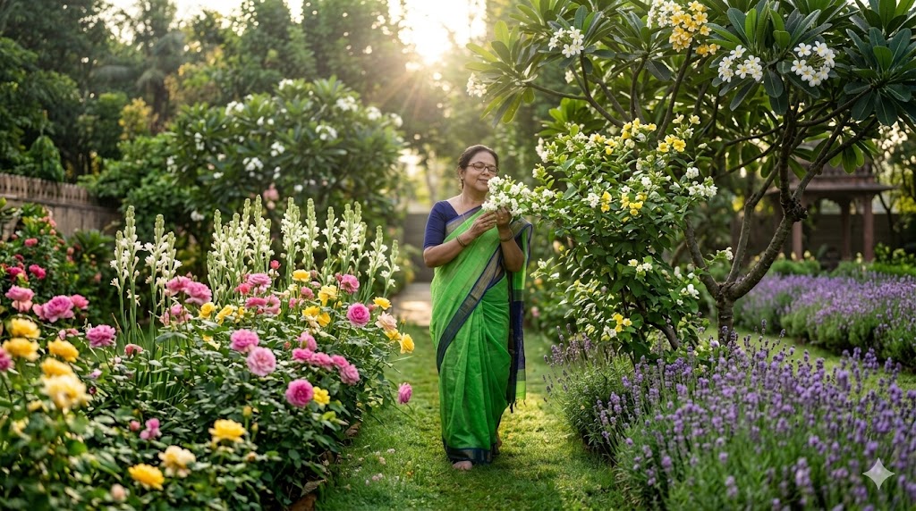 रंग-बिरंगे फूलों से भरा सुंदर बगीचा, जिसकी खुशबू और प्राकृतिक सुंदरता मानसिक शांति का अनुभव करा रही है।