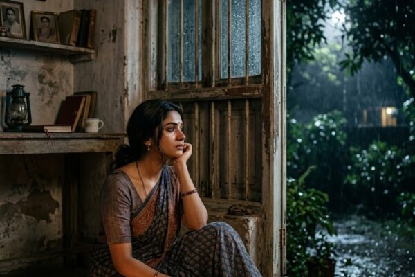 रात के शांत वातावरण में अकेली स्त्री, चाँदनी और स्मृतियों में डूबी भावनात्मक अनुभूति का दृश्य।