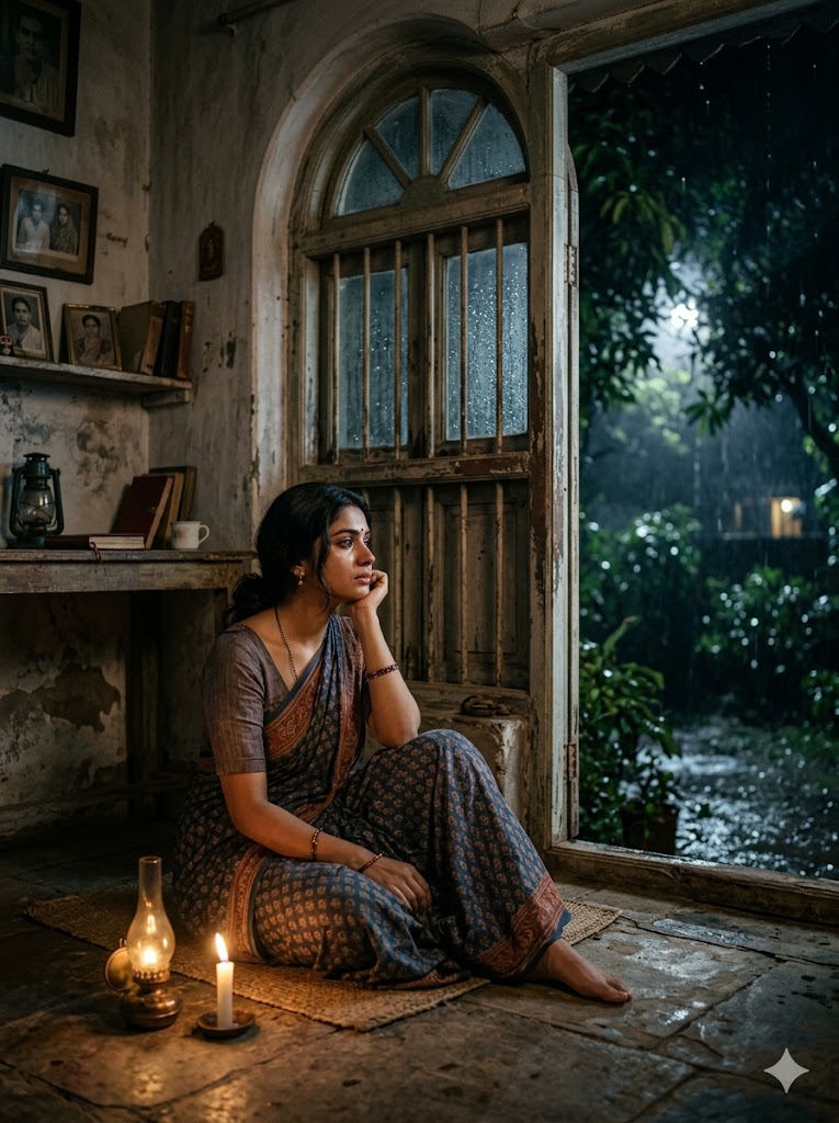 रात के शांत वातावरण में अकेली स्त्री, चाँदनी और स्मृतियों में डूबी भावनात्मक अनुभूति का दृश्य।
