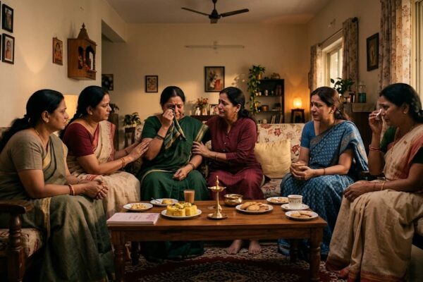 “बाजोट कहानी संग्रह की थीम दर्शाता भारतीय पारिवारिक और सामाजिक दृश्य”