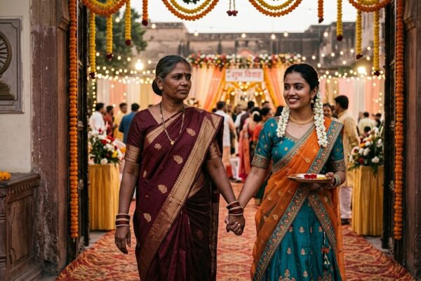 विवाह के प्रतीकात्मक वातावरण में एक भारतीय माँ अपनी बेटी का हाथ थामे खड़ी है, जो आत्मसम्मान, सुरक्षा और स्वतंत्र पहचान का संदेश देती है।