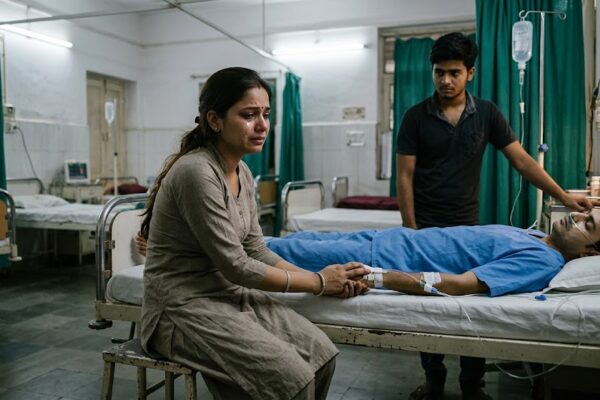 अस्पताल के कमरे में आँसू भरी आँखों वाली भारतीय युवती बेहोश युवक का हाथ थामे खड़ी है, पास में चिंतित भाई खड़ा है।