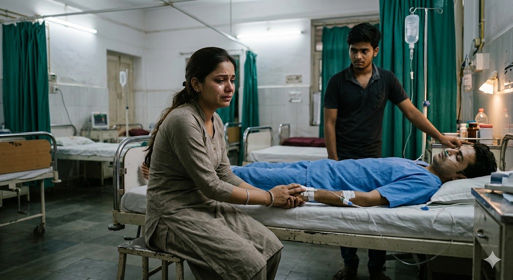 अस्पताल के कमरे में आँसू भरी आँखों वाली भारतीय युवती बेहोश युवक का हाथ थामे खड़ी है, पास में चिंतित भाई खड़ा है।