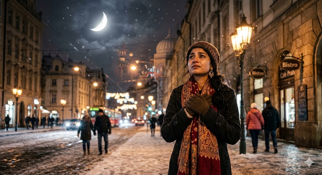 विदेश में खड़ी एक भारतीय महिला अपने वतन को याद करते हुए भावुक दिखाई दे रही है
