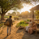गाँव के घर के बाहर प्रतीक्षा करते बुजुर्ग माता-पिता और मिट्टी, पेड़ों व अपनापन से भरा ग्रामीण दृश्य।