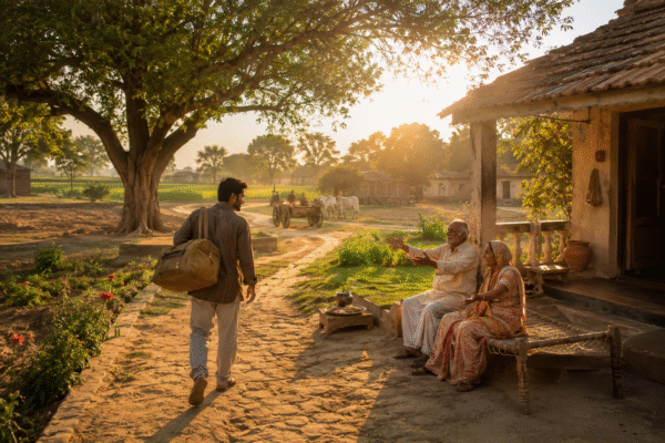 गाँव के घर के बाहर प्रतीक्षा करते बुजुर्ग माता-पिता और मिट्टी, पेड़ों व अपनापन से भरा ग्रामीण दृश्य।