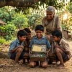 नानी के गांव में आम के पेड़ के नीचे पुराने टिन के डब्बे को खोजते हुए बच्चे, साथ में मुस्कुराती नानी और गर्मियों की यादों से भरा ग्रामीण वातावरण।