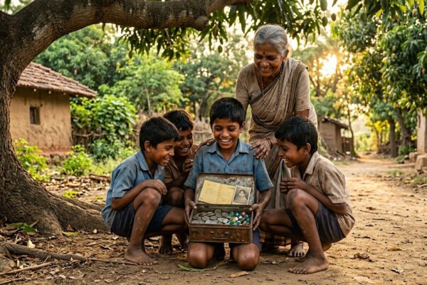 नानी के गांव में आम के पेड़ के नीचे पुराने टिन के डब्बे को खोजते हुए बच्चे, साथ में मुस्कुराती नानी और गर्मियों की यादों से भरा ग्रामीण वातावरण।