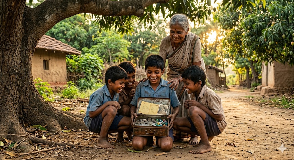 नानी के गांव में आम के पेड़ के नीचे पुराने टिन के डब्बे को खोजते हुए बच्चे, साथ में मुस्कुराती नानी और गर्मियों की यादों से भरा ग्रामीण वातावरण।